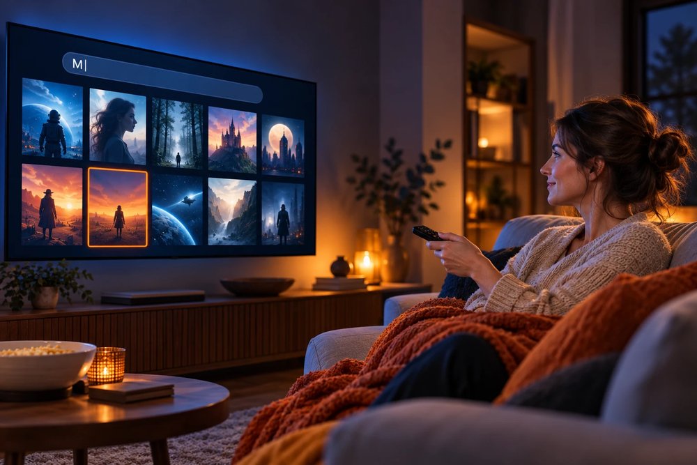 Woman on the sofa searching the TV app, a little-known title highlighted in the results