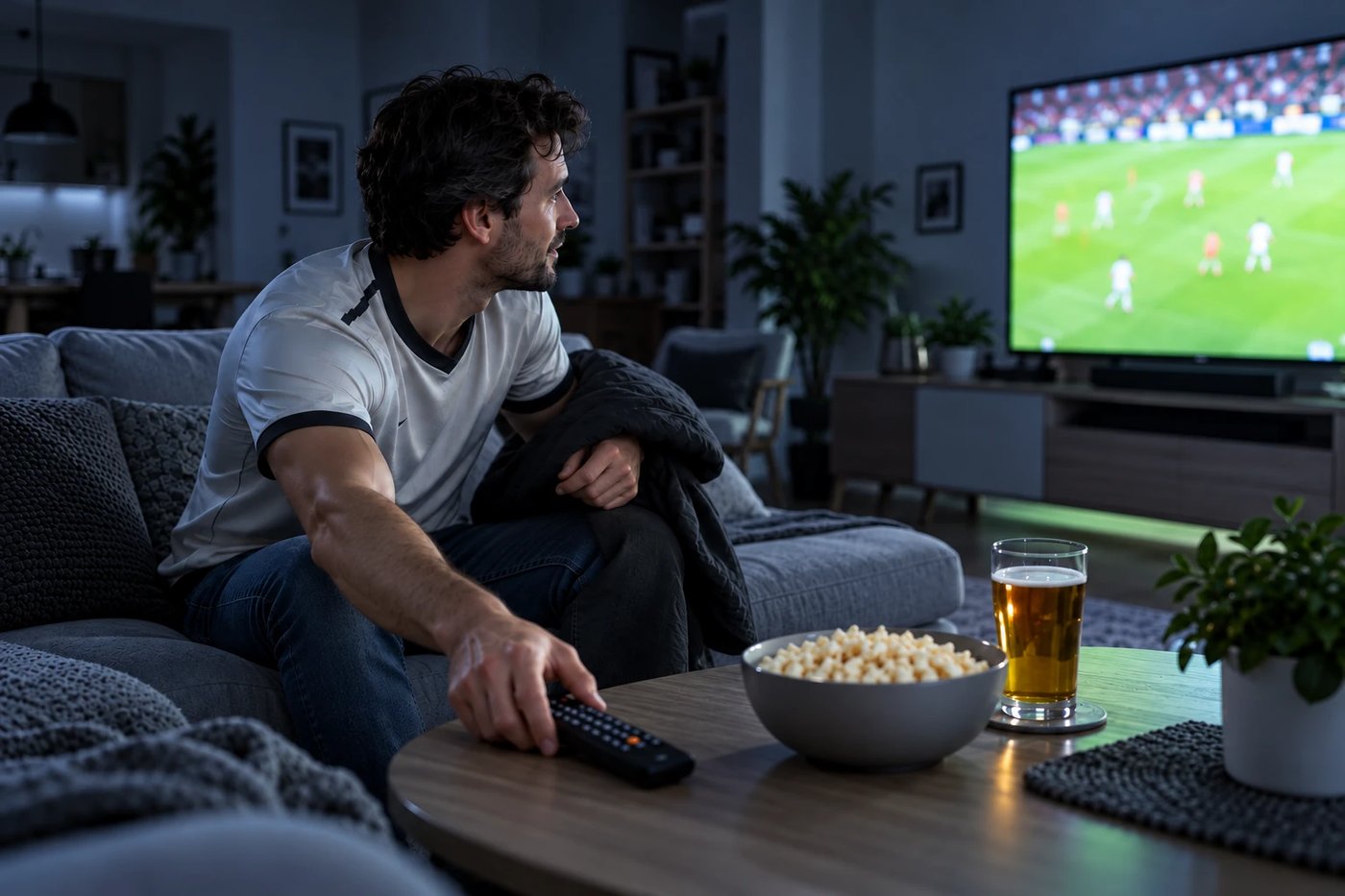 Aficionado al fútbol en el sofá empezando un partido con retraso en la TV