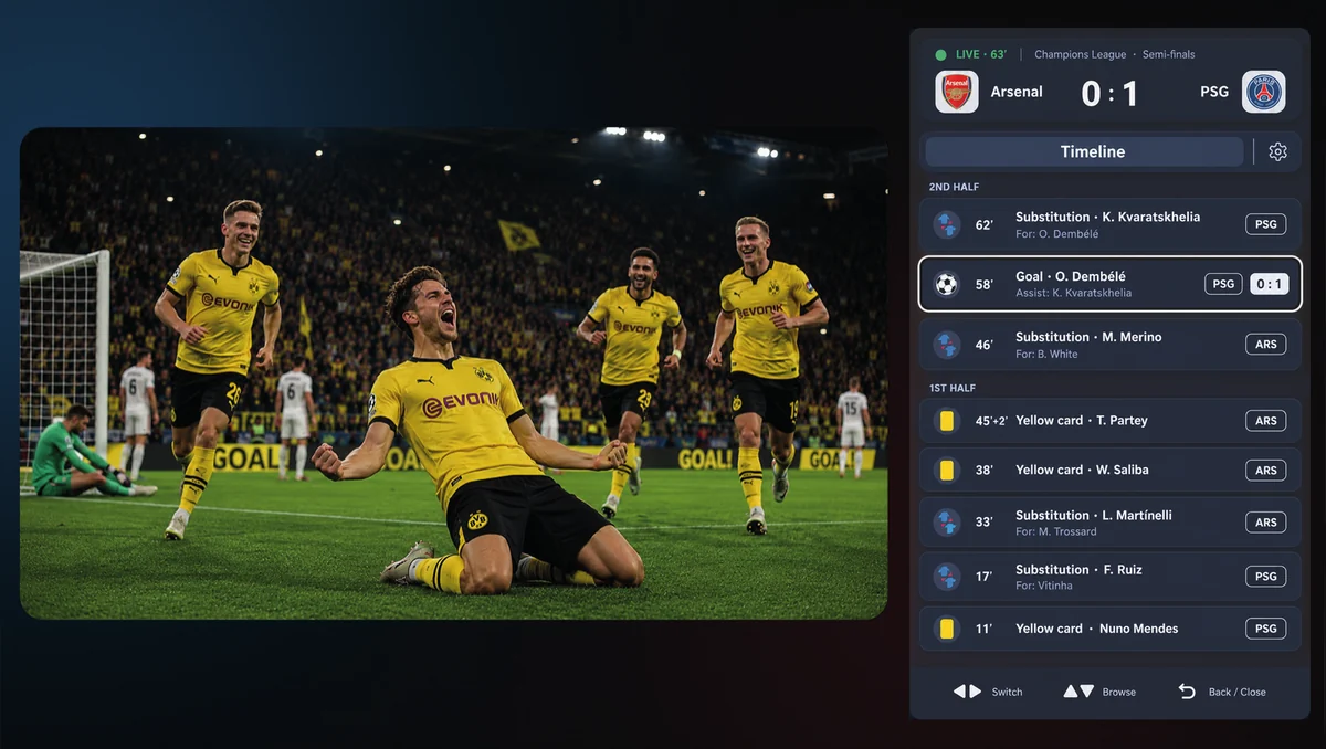 TV: a goal celebration on the left, the same goal highlighted in the Sports Statistics timeline on the right.