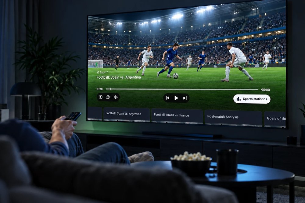 Aficionado al fútbol en el sofá apuntando con el mando a la TV, donde el reproductor de ModernTV muestra un partido en directo con el botón Sports statistics