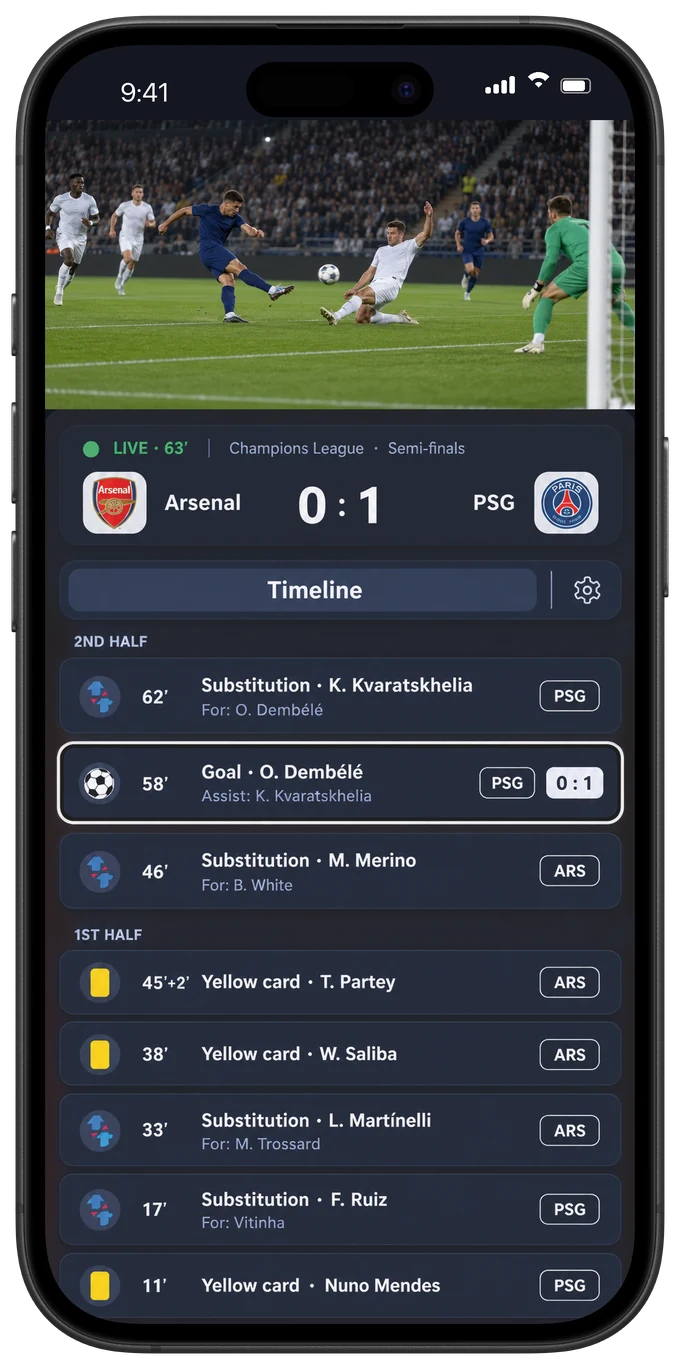 Phone: the match on top, the full Sports Statistics timeline below.