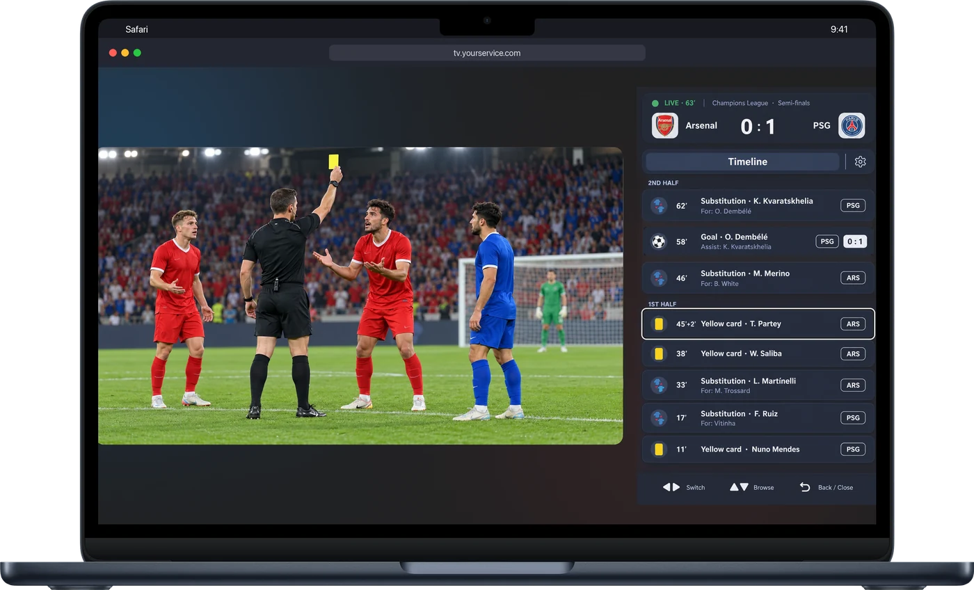 MacBook with a web browser: the match next to the Sports Statistics timeline with a yellow card selected.