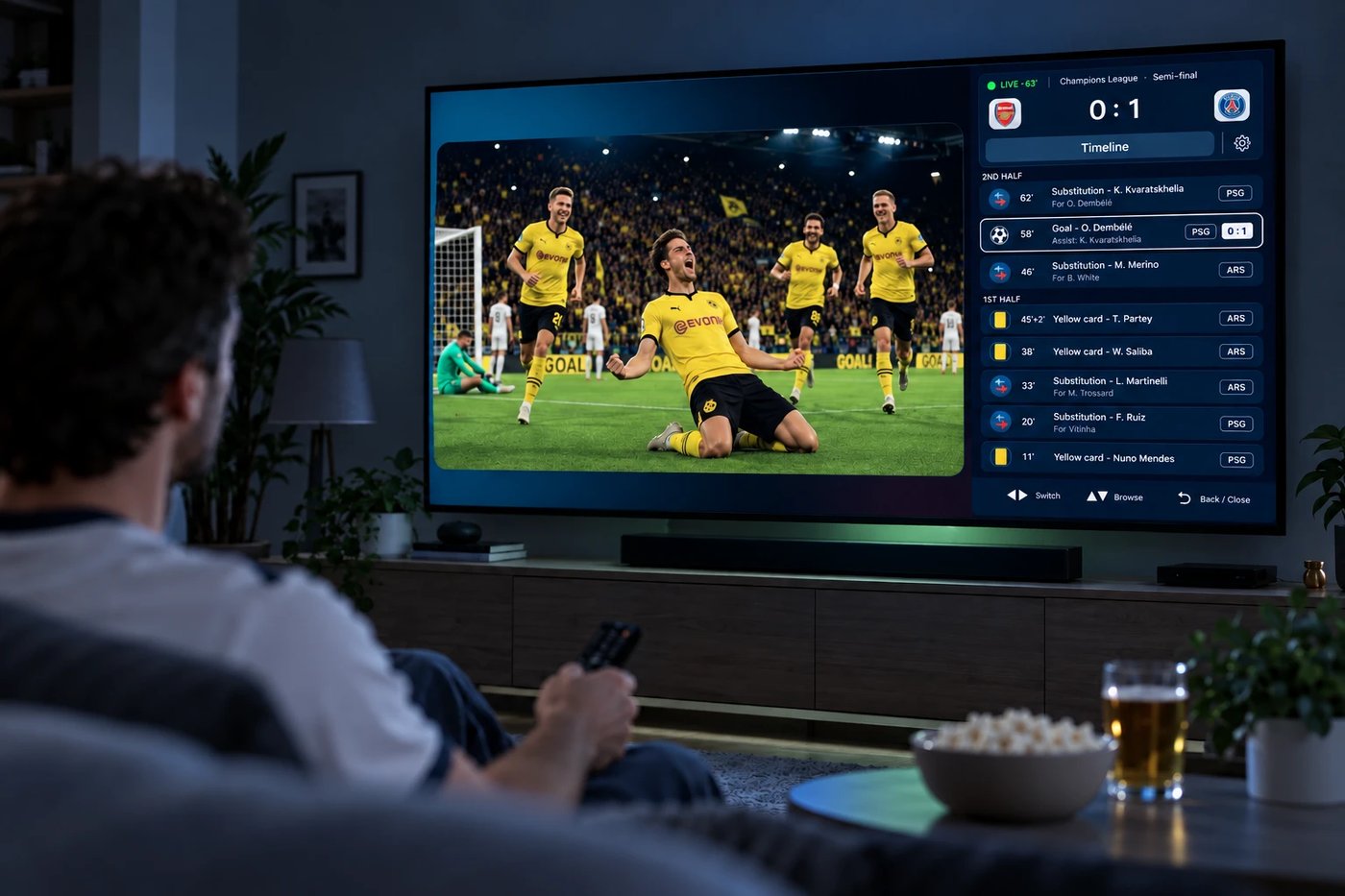 Cronología de Sports Statistics en el reproductor de TV con goles, tarjetas y cambios hasta el minuto 62