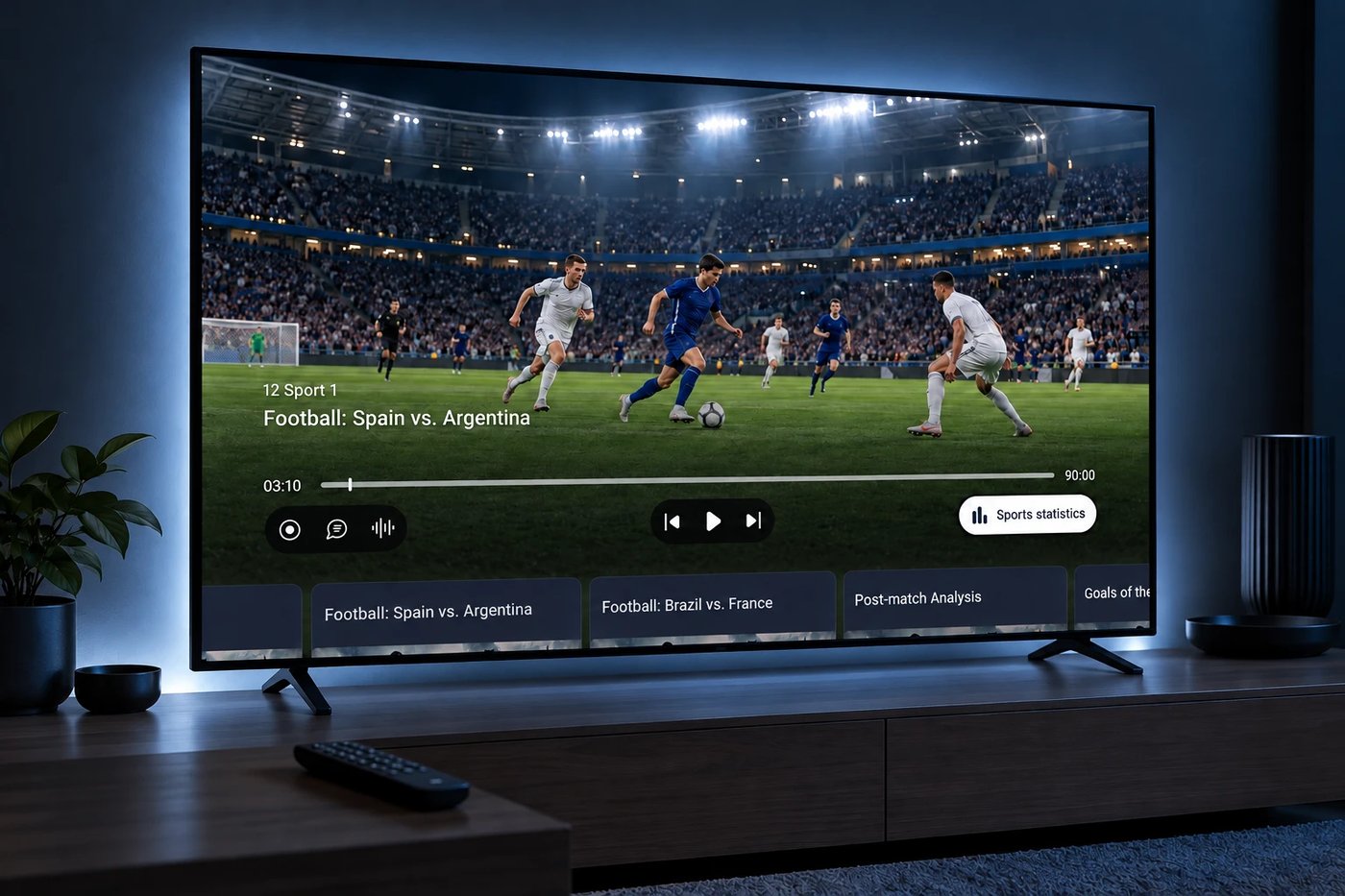 TV sobre un mueble de salón con la app de ModernTV para Android TV durante un partido de fútbol y el botón Sports statistics en el reproductor