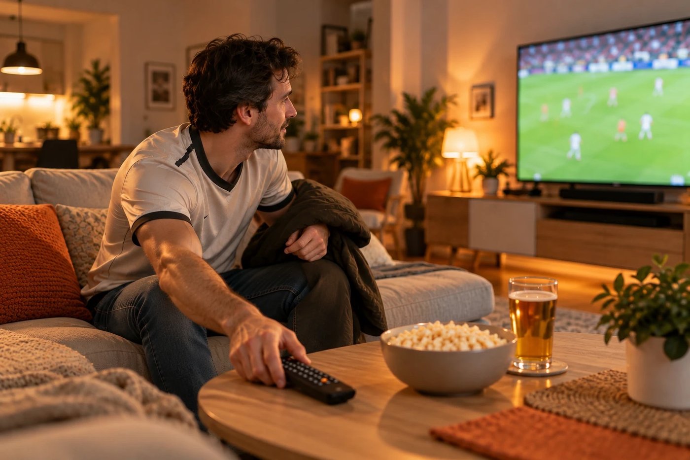Aficionado al fútbol en el sofá empezando un partido con retraso en la TV