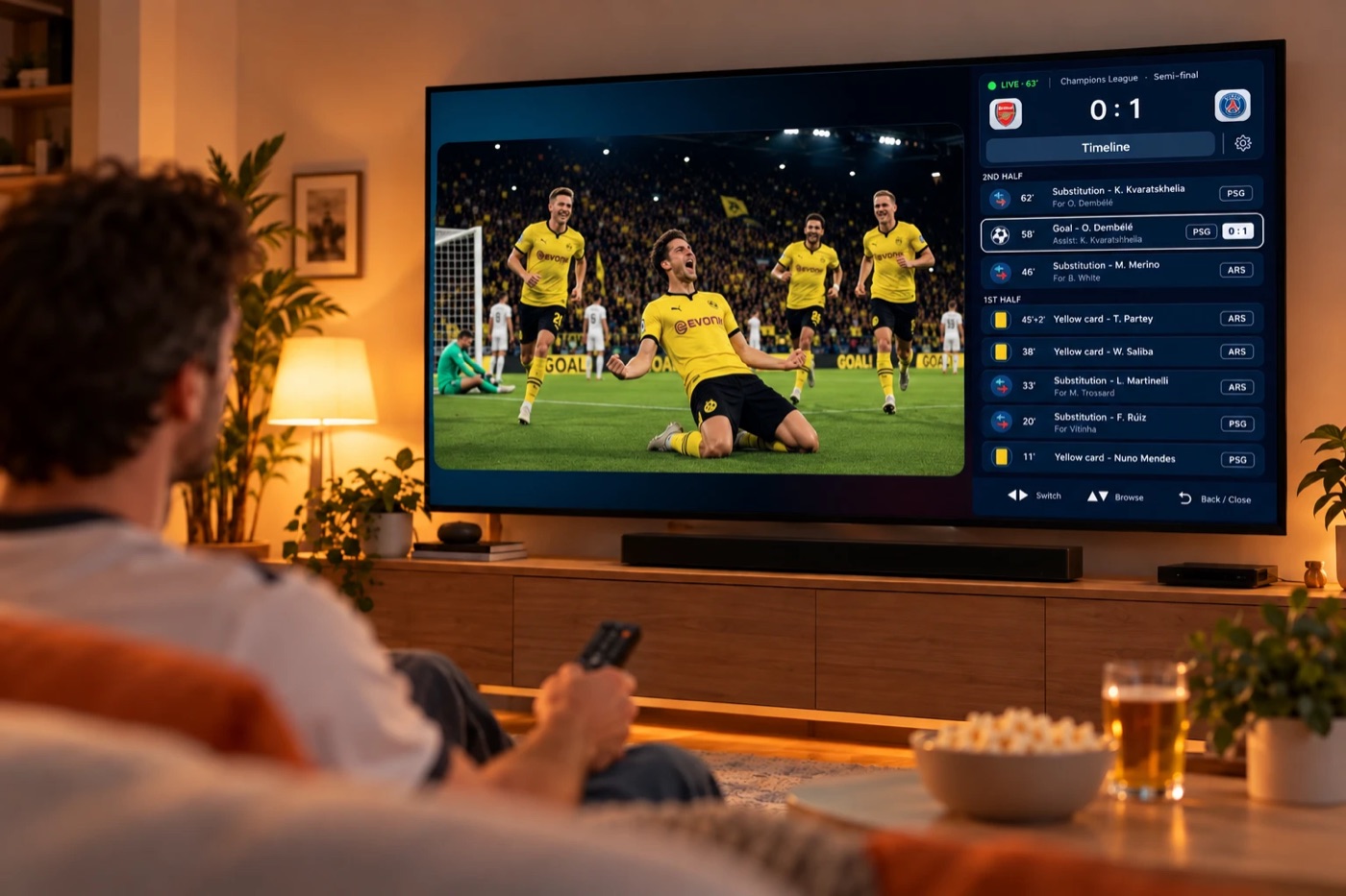 Cronología de Sports Mode en el reproductor de TV con goles, tarjetas y cambios hasta el minuto 62