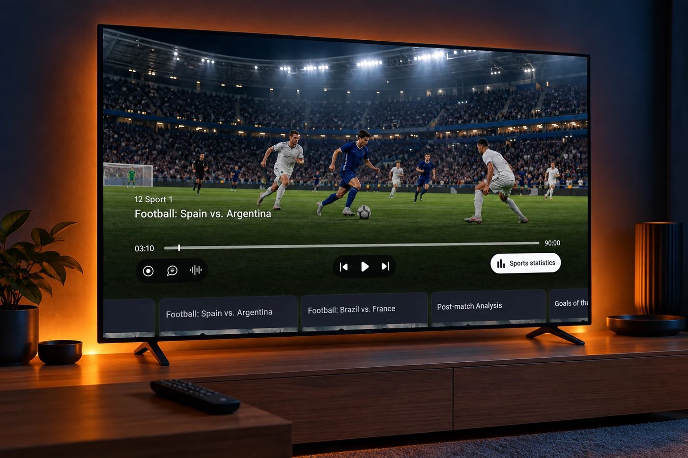 TV sobre un mueble de salón con la app de ModernTV para Android TV durante un partido de fútbol y el botón Sports statistics en el reproductor