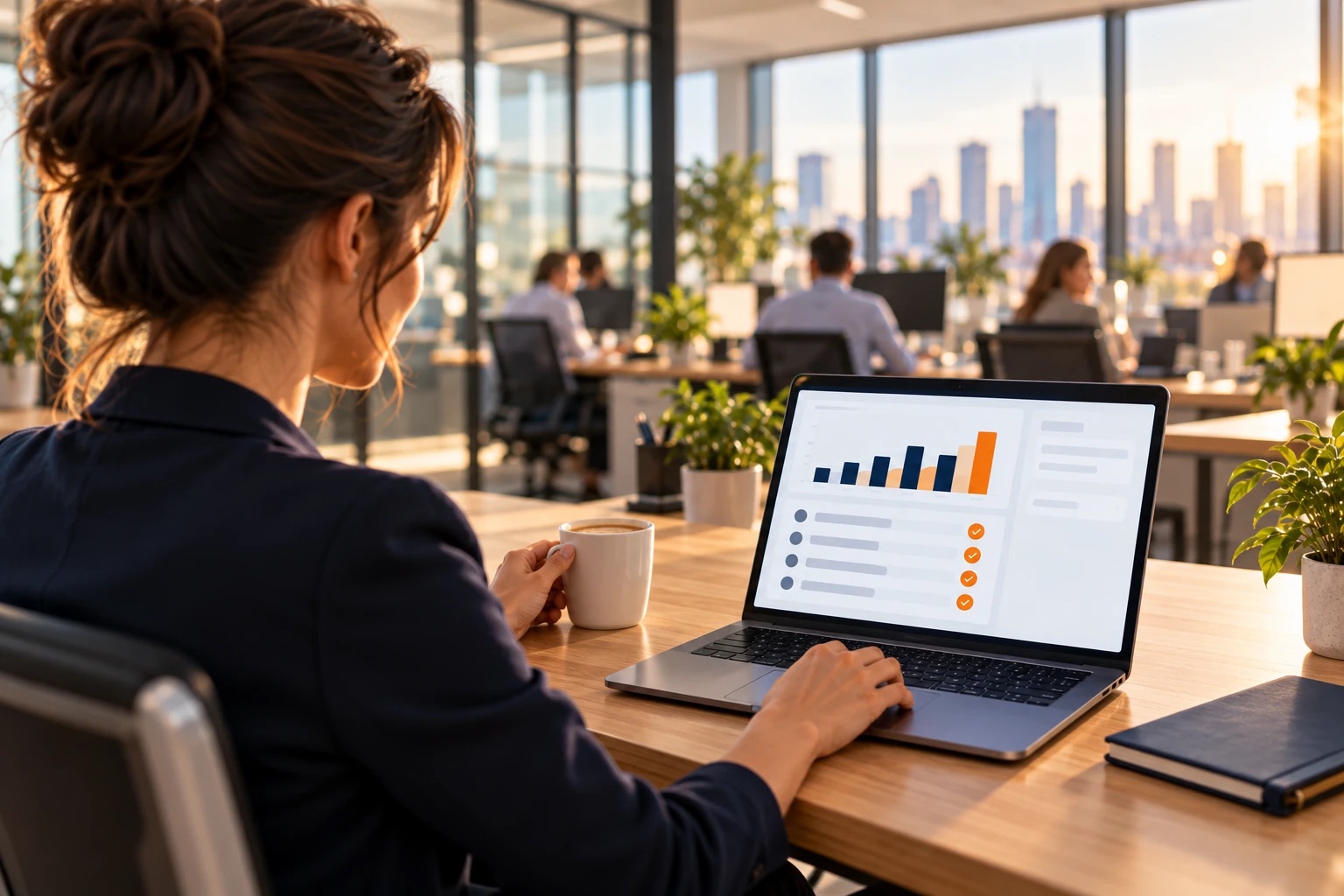 Woman at an office desk with a coffee, looking at a payments overview on her laptop: a bar chart and paid items marked with orange checkmarks